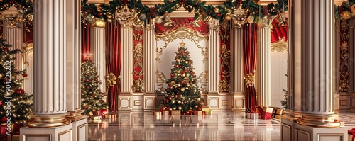 Festive Christmas Tree in a Grand Hall with Gilded Columns