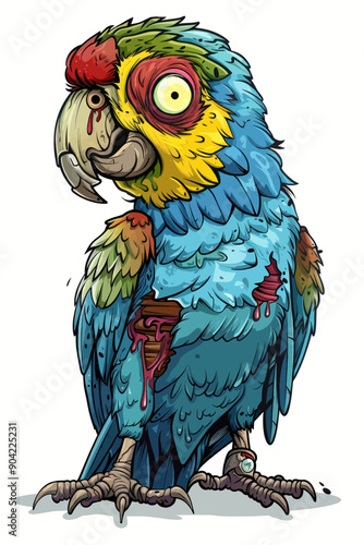 A cartoonish drawing of a blue and yellow parrot with red eyes and a bloody beak