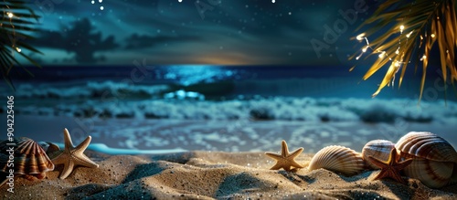 Fototapeta Naklejka Na Ścianę i Meble -  Tropical beach at night with seashells and starfish on the sand under the night sky offering a blank area to enhance with your decorations in a copy space image