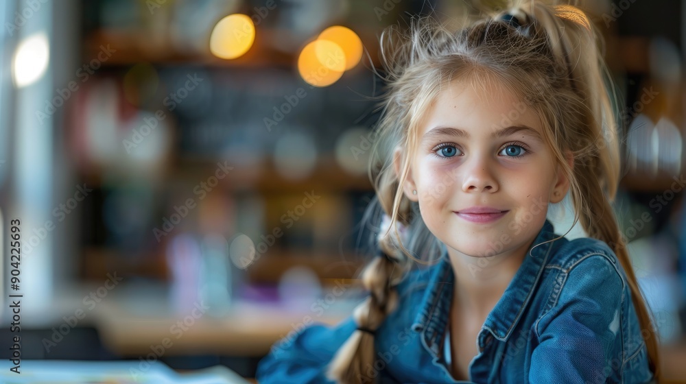 Adorable young girl with braids and denim jacket sitting in cozy cafe, smiling cheerfully with blurred lights in the background. Adorable young girl with braids and denim jacket sitting in cozy cafe, smiling cheerfully with blurred lights in the background.