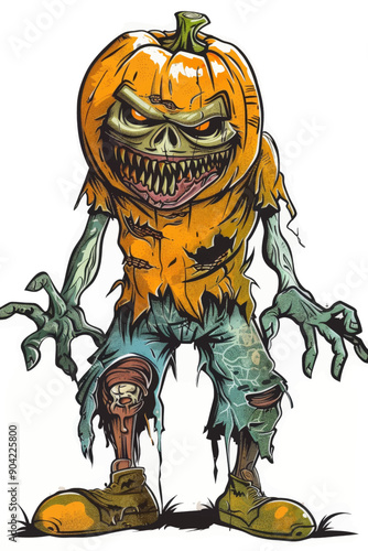 A creepy pumpkin monster with a pumpkin head and orange shirt