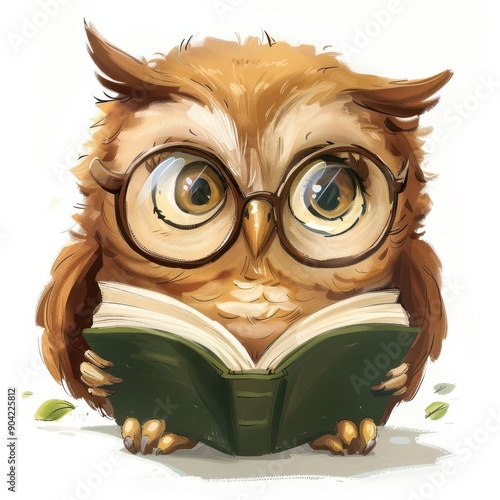 A playful clip-art style portrayal of a brown owl wearing glasses and reading a book, photo