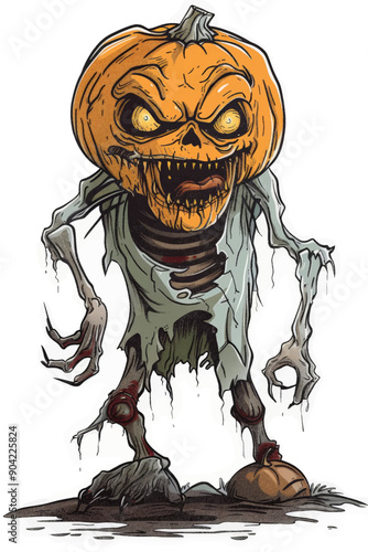 A creepy pumpkin with a scary face and a skeleton costume