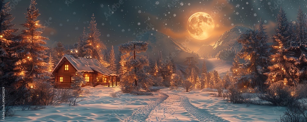 A Cozy Cabin Nestled in a Snowy Forest Under a Full Moon A Cozy Cabin Nestled in a Snowy Forest Under a Full Moon