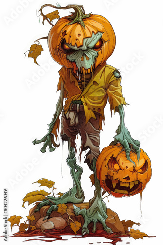 A creepy pumpkin man holding a pumpkin and a pumpkin lantern
