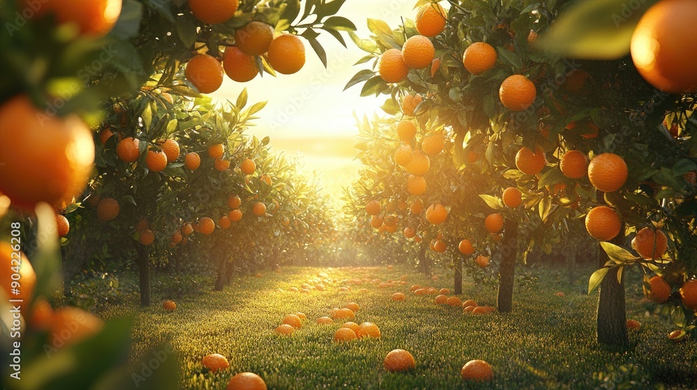 Fototapeta premium A beautiful fruit orchard with orange trees abundant with oranges, glowing in the afternoon sun.