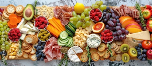 Fototapeta Naklejka Na Ścianę i Meble -  A graze board featuring an assortment of cheeses fruits veggies dips and crackers is displayed with copy space image