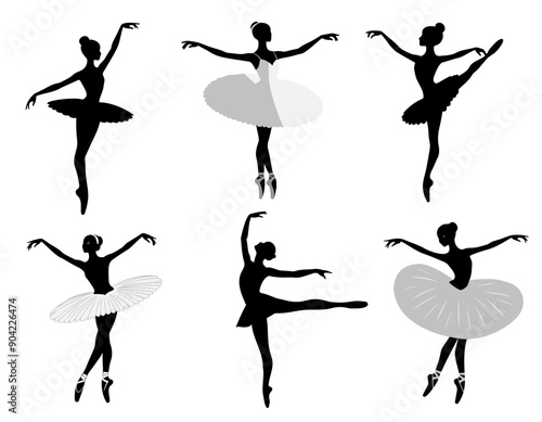 Silhouettes of ballerinas on a white background. Ballerina in a tutu. Ballet dancing. Set of ballet dancers silhouettes.