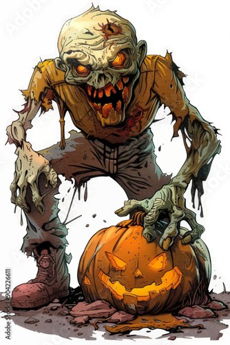 A creepy zombie man is holding a pumpkin in his hand