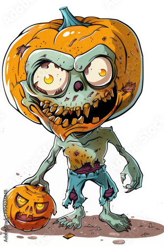 A cartoonish zombie pumpkin with a pumpkin lantern in its hand
