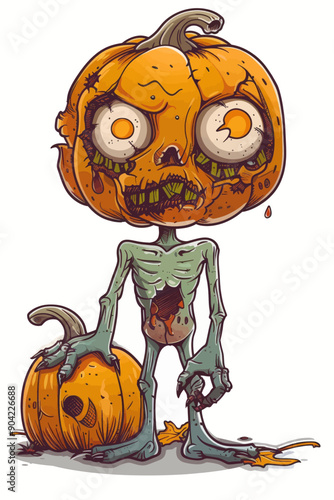 A creepy pumpkin with a skeleton face holding a pumpkin