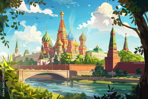 Vivid artistic illustration of Moscow, Russia - Kremlin and The Cathedral of Vasily the Blessed
