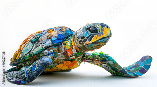 A detailed sea turtle sculpture created entirely from collected ocean plastic waste isolated on white, highlighting the impact of pollution on marine life. photo