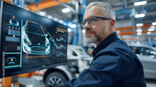 Middle-aged engineer doing quality control checking at an industrial production facility for EV cars, with a factory background © Slowlifetrader