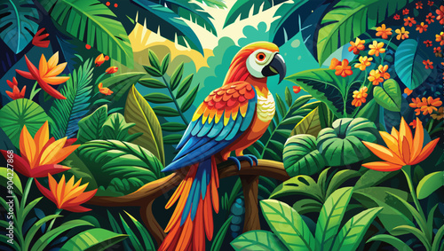 In the lush depths of the tropical jungle, a majestic macaw perches proudly amidst a canopy of vibrant foliage vector art illustration. AI GENERATED