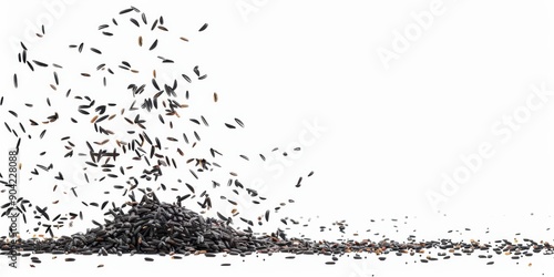 Cascading Black Rice Grains: Organic Superfood Falling on White Background. Panoramic Depth Composition Showcasing Nutritious Ingredient for Healthy Recipes. Creative 4K Wallpaper for Wholesome Lifest