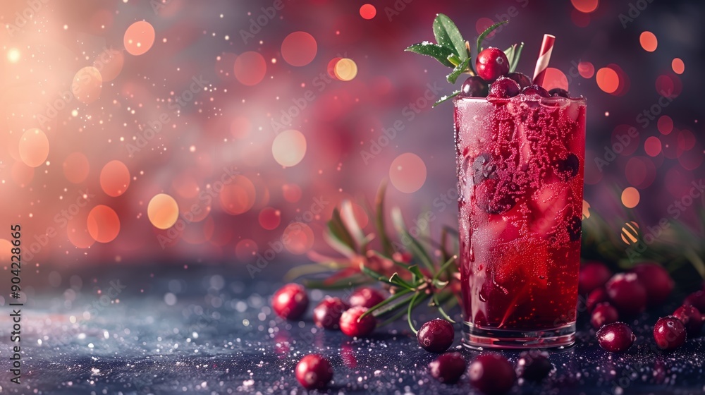 Fresh cranberry juice with cranberries and a straw on a holiday background, with a galaxy spiral in the sky Fresh cranberry juice with cranberries and a straw on a holiday background, with a galaxy spiral in the sky