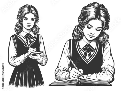schoolgirl writing in a notebook and studying, showcasing retro educational charm sketch engraving generative ai fictional character vector illustration. Scratch board imitation. Black and white image