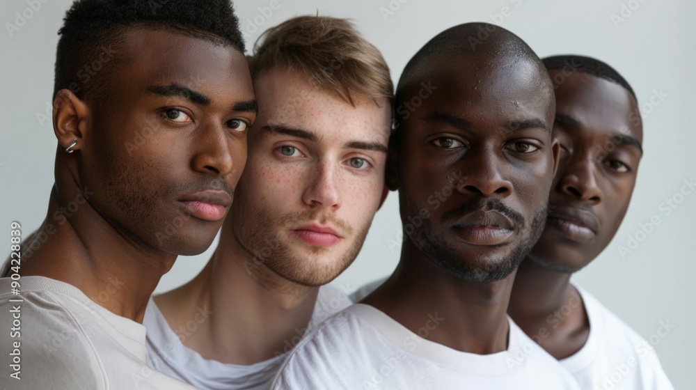 A confident ensemble of four men with unique complexions, celebrating diversity and male beauty in a bright studio A confident ensemble of four men with unique complexions, celebrating diversity and male beauty in a bright studio