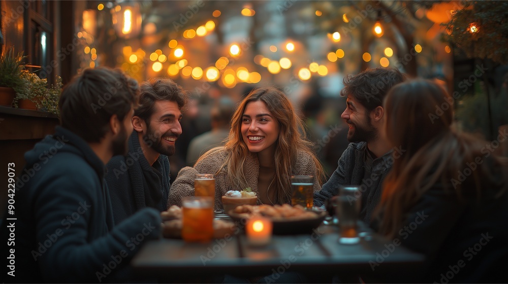 A diverse group of friends enjoyed foods and drinks at an outdoor bar in the evening, talking together while sitting around a small table. It was an evening scene with lights A diverse group of friends enjoyed foods and drinks at an outdoor bar in the evening, talking together while sitting around a small table. It was an evening scene with lights