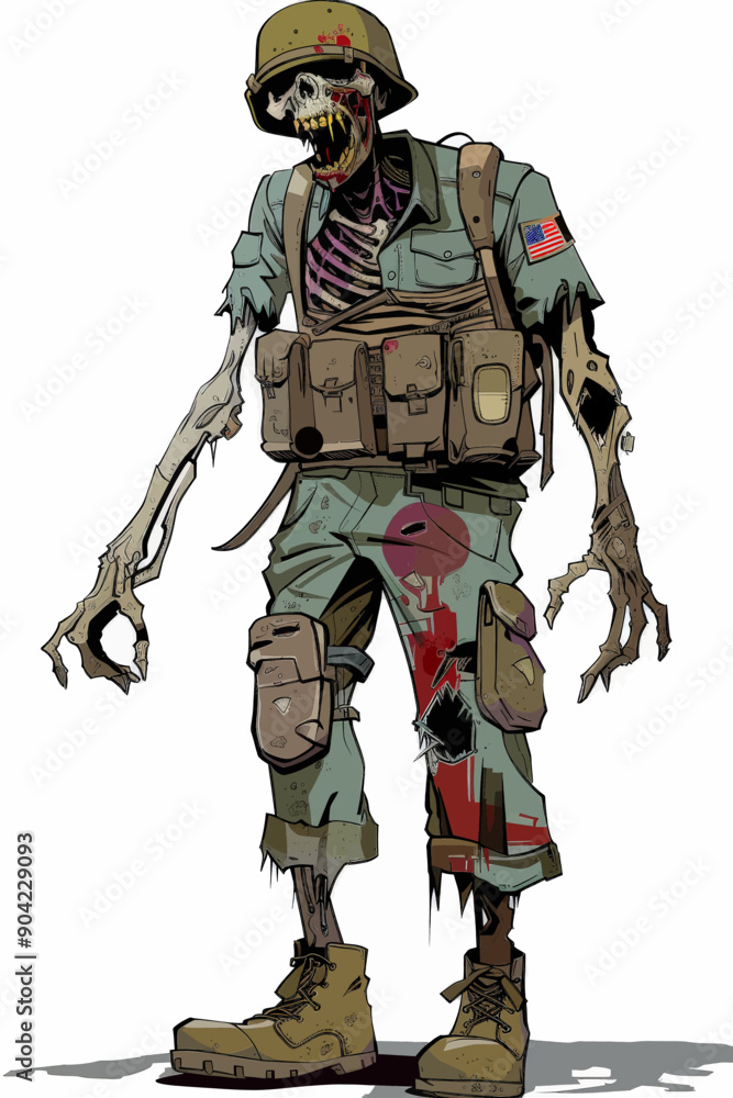 Fototapeta premium A zombie soldier with a backpack and a US flag on his chest