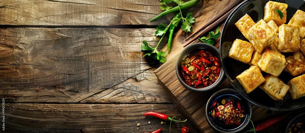 Tofu from Sumedang served on a wooden table with green chili chili sauce and copy space image for recipes articles catalogs or commercial use Tofu from Sumedang served on a wooden table with green chili chili sauce and copy space image for recipes articles catalogs or commercial use