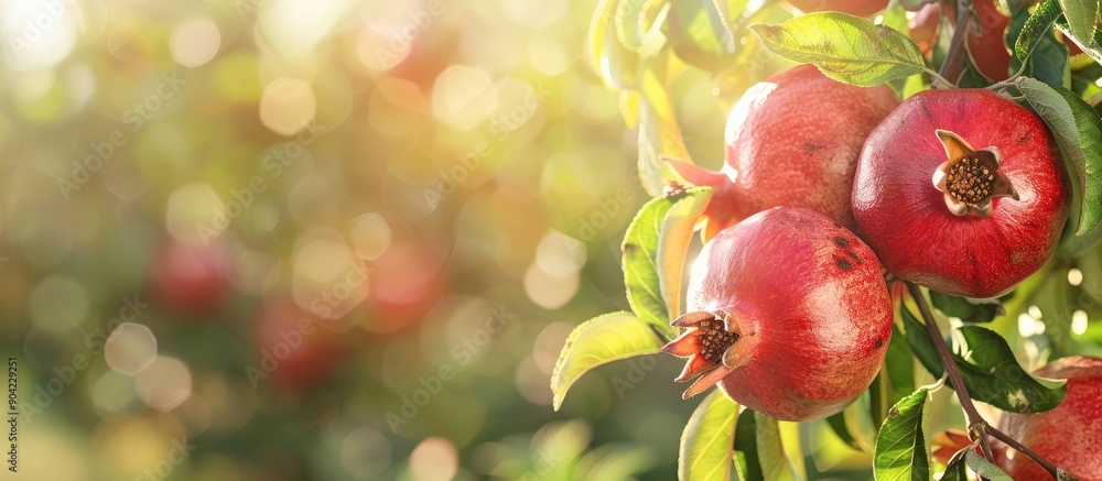 Image depicting ripe pomegranates on a tree branch on a Mediterranean farm with space for text. Copy space image. Place for adding text and design Image depicting ripe pomegranates on a tree branch on a Mediterranean farm with space for text. Copy space image. Place for adding text and design