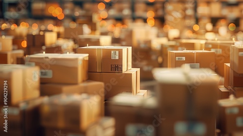 Stacks of packages ready for shipment close up, focus on packages, realistic, overlay, warehouse backdrop