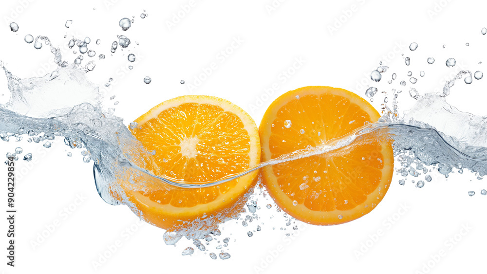 Fresh orange, cut in half, dropped into the water isolate On a white background. Fresh orange, cut in half, dropped into the water isolate On a white background.