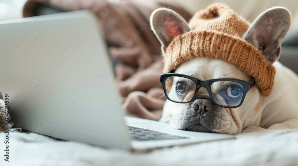 Fototapeta premium French Bulldog with glasses and a cap, staring at a laptop screen close up, focus on dog, vibrant, blend mode, modern workspace backdrop