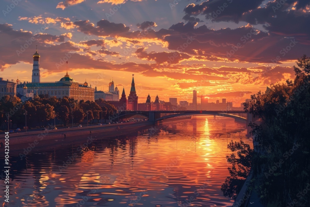 Fototapeta premium Postcard with landscape of Moscow, Russia at sunset
