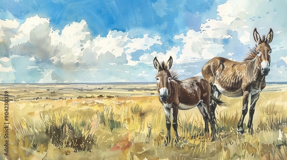 Naklejka premium Steppe plain, wild donkeys, vast presentation, Watercolor style