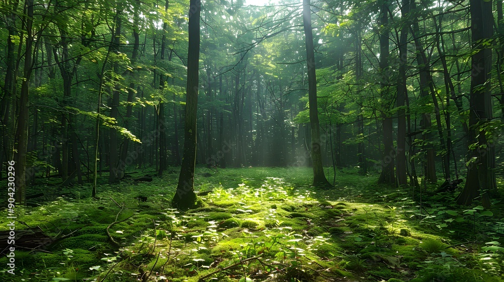 Obraz premium A serene forest scene with sunlight filtering through lush green trees, perfect for nature, relaxation, or environmental themes in various media projects,