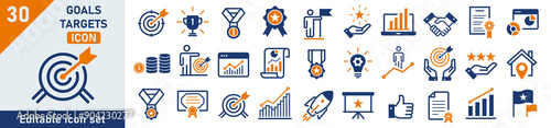 Goals icon set. Set of 30 outline icons related to goals, target, success, performance. Linear icon collection. Business goal target outline icons collection. Editable stroke. Vector illustration.
