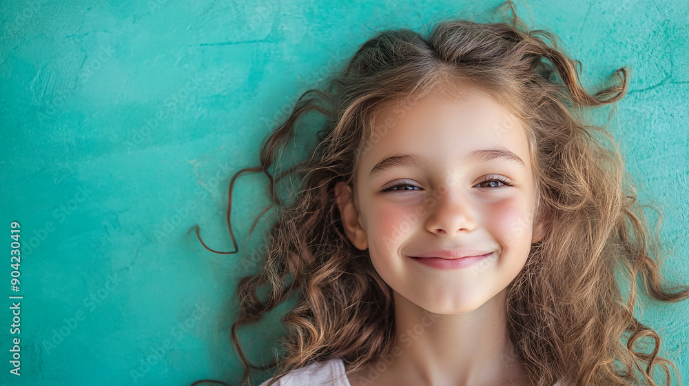 Cheerful girl with a pastel teal backdrop Cheerful girl with a pastel teal backdrop