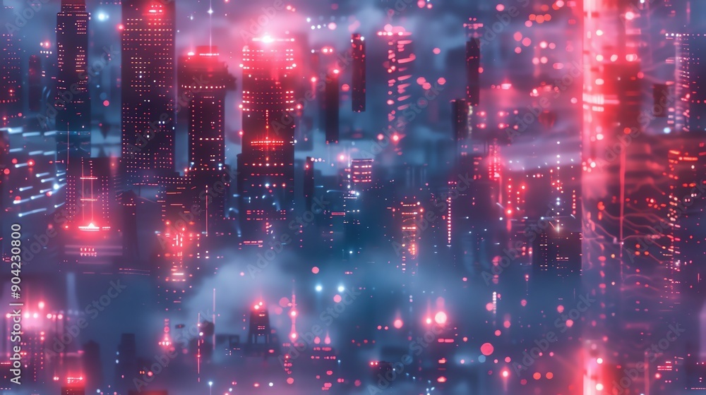 Futuristic cityscape with glowing neon lights and high-rise buildings surrounded by mist, reflecting a cyberpunk aesthetic and modern technology. Futuristic cityscape with glowing neon lights and high-rise buildings surrounded by mist, reflecting a cyberpunk aesthetic and modern technology.
