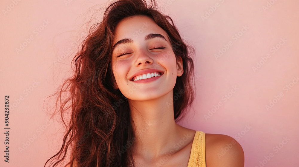 Cheerful girl with a soft pink backdrop Cheerful girl with a soft pink backdrop