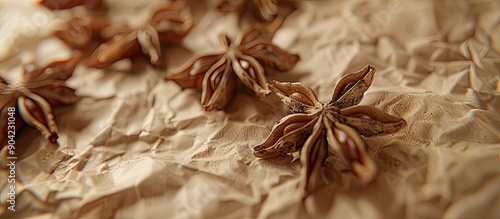 Close up macro photo of fragrant dry anise seeds on crumpled paper background creating a natural food pattern in brown beige monochrome colors with copy space image