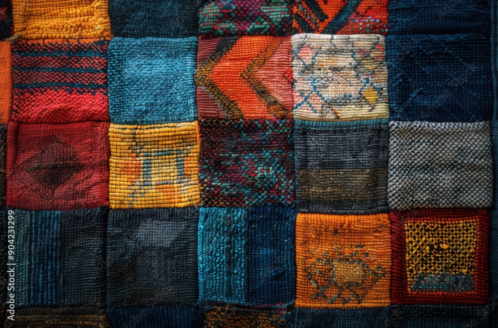 A close-up of a vibrant patchwork rug with various colorful squares, showcasing intricate woven designs A close-up of a vibrant patchwork rug with various colorful squares, showcasing intricate woven designs