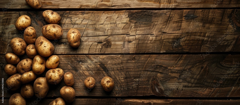 Freshly harvested organic young potatoes on a wooden background with a rustic vibe ideal for a vegan and agricultural themed copy space image Freshly harvested organic young potatoes on a wooden background with a rustic vibe ideal for a vegan and agricultural themed copy space image