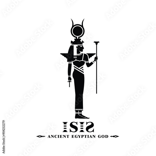 ancient egyptian god isis silhouette. middle east beauty queen with sun crown and scepter