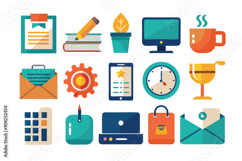 Colorful Flat Icons Representing Various Aspects of Business, Technology, and Everyday Life