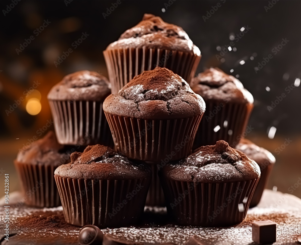 Chocolate cakes, muffins or cupcakes, baked in a bakery holiday sweet food recipe idea, post-processed, generative ai Chocolate cakes, muffins or cupcakes, baked in a bakery holiday sweet food recipe idea, post-processed, generative ai