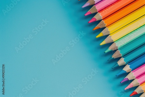 Coloring pencils in vibrant colors on pastel blue background with blank space. Ai Generative