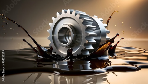 Close-up view of a metal bearing gear, Oil wave splashing in Car engine with lubricant oil. Concept of Lubricate motor oil and Gears