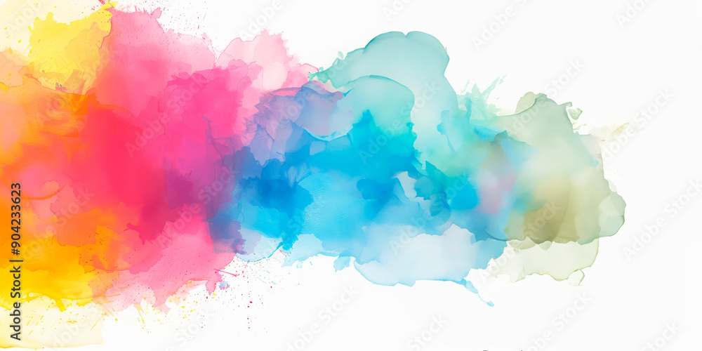 Obraz premium Vibrant abstract watercolor splash in vivid colors of pink, blue, and yellow on a white background. Perfect for adding a splash of creativity and energy to any design or art project