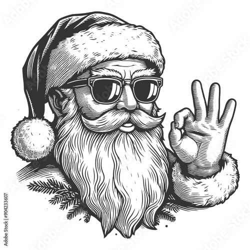 Santa Claus in sunglasses and OK hand sign, exuding coolness and holiday spirit sketch engraving generative ai fictional character vector illustration. Scratch board imitation. Black and white image.