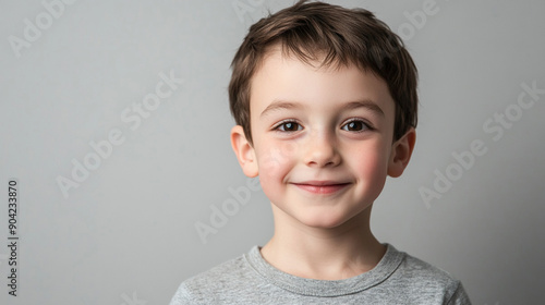 Grinning boy against a light grey background