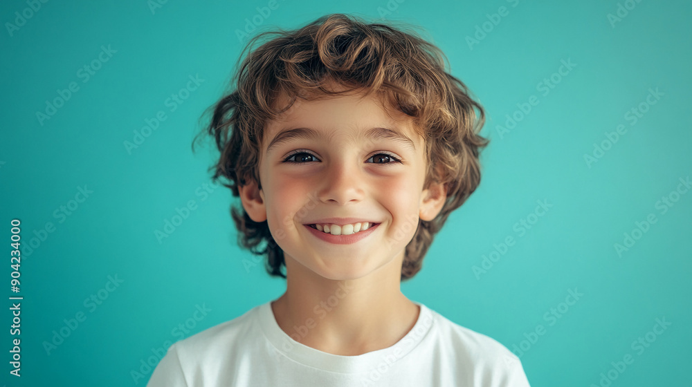 Grinning boy with a light teal backdrop Grinning boy with a light teal backdrop