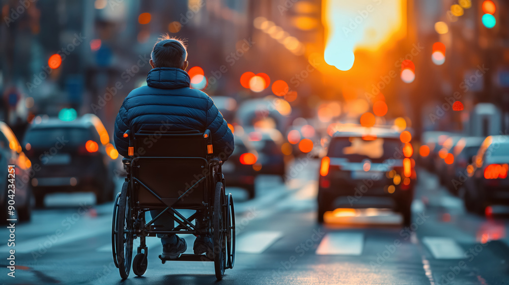 Person in a wheelchair navigating a busy city street at sunset, emphasizing resilience and independence amidst urban life. Person in a wheelchair navigating a busy city street at sunset, emphasizing resilience and independence amidst urban life.